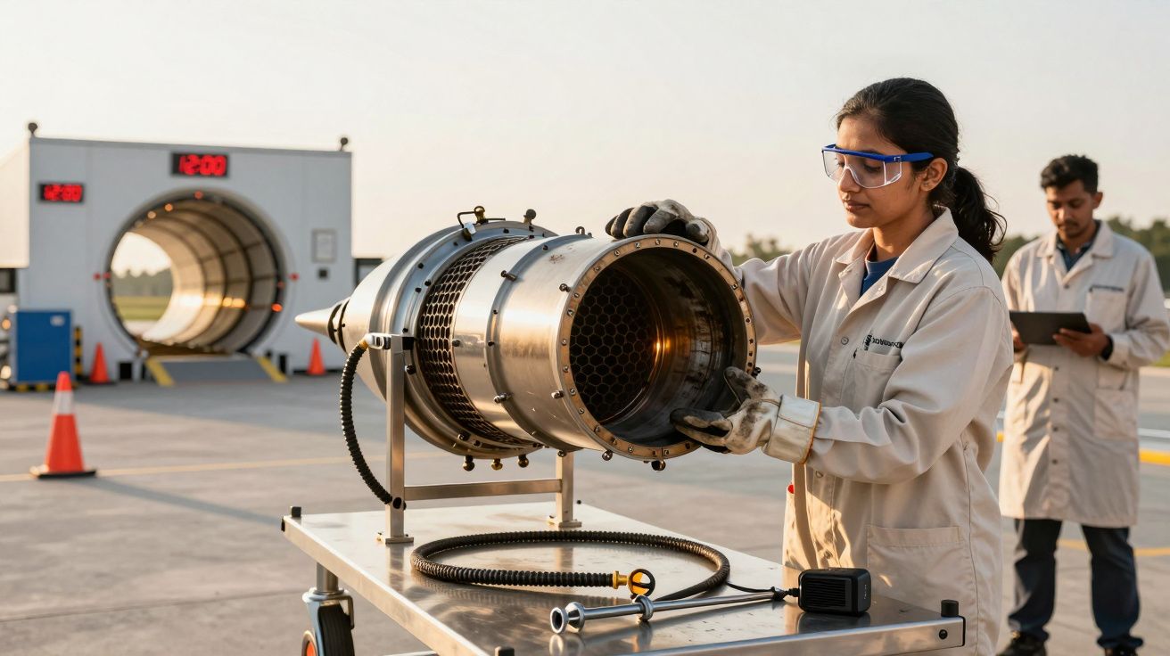 Engenheira inspeciona turbina num laboratório ao ar livre, com um colega a trabalhar em segundo plano.