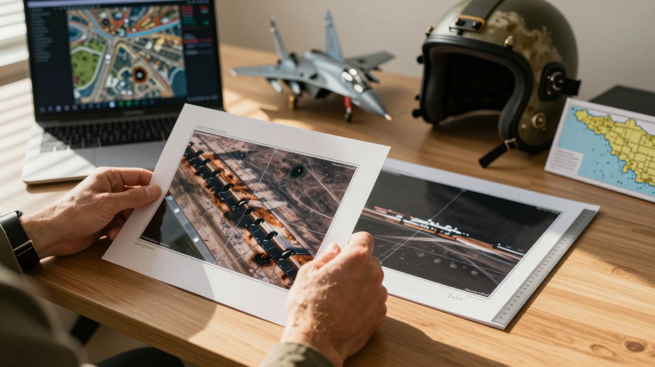 Homem analisando mapas aéreos numa mesa com laptop, modelo de avião, capacete e mapa.