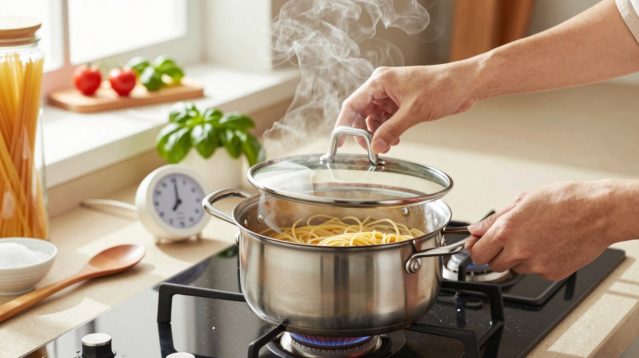 Pessoa a cozinhar esparguete numa panela de aço inoxidável no fogão, com vapor a sair sob a tampa.