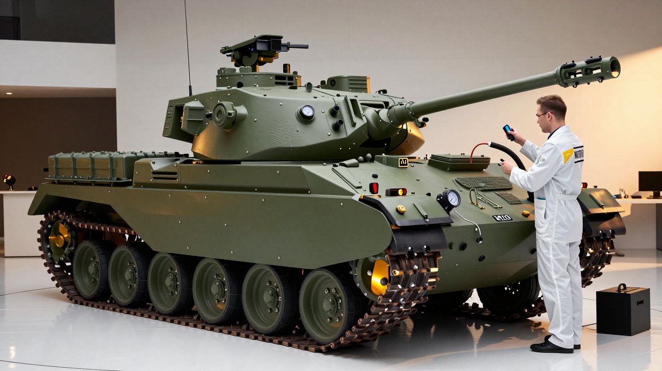 Homem de fato branco a inspecionar um tanque verde de grandes dimensões, num ambiente moderno e iluminado.