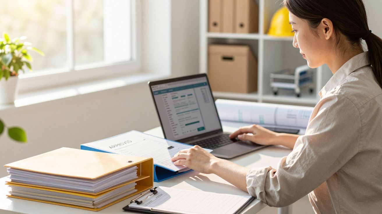 Mulher a trabalhar num portátil em escritório, com pastas e papéis na secretária iluminada por luz natural.