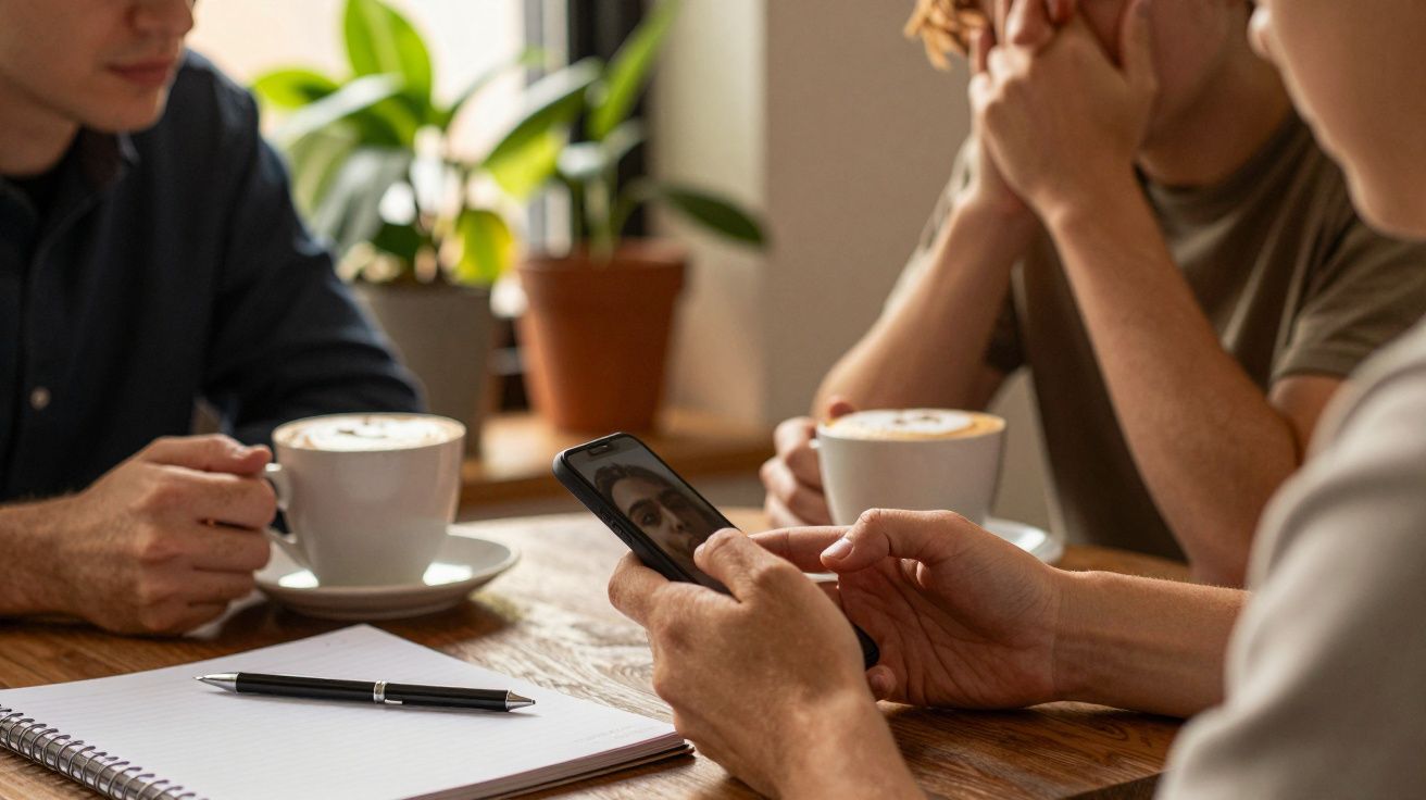 Três pessoas numa mesa, duas com café, uma a usar o telemóvel, caderno e caneta à frente, planta ao fundo.