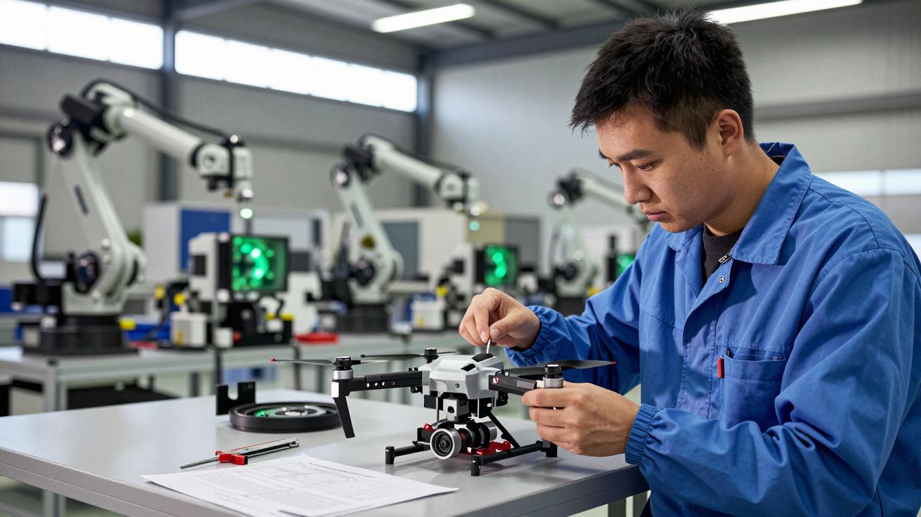 Técnico ajusta drone em laboratório com braços robóticos ao fundo.