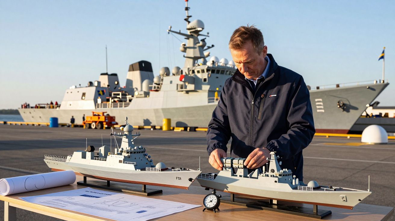 Homem ajusta modelos de navios militares num cais, com um navio de guerra real ao fundo.
