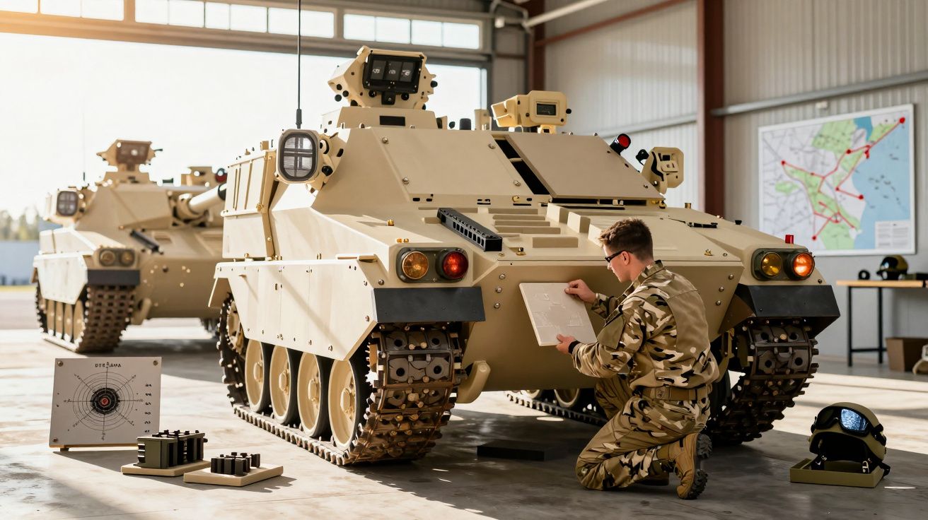 Soldado em uniforme camuflado inspeciona veículo blindado em oficina com mapa e alvo ao fundo.