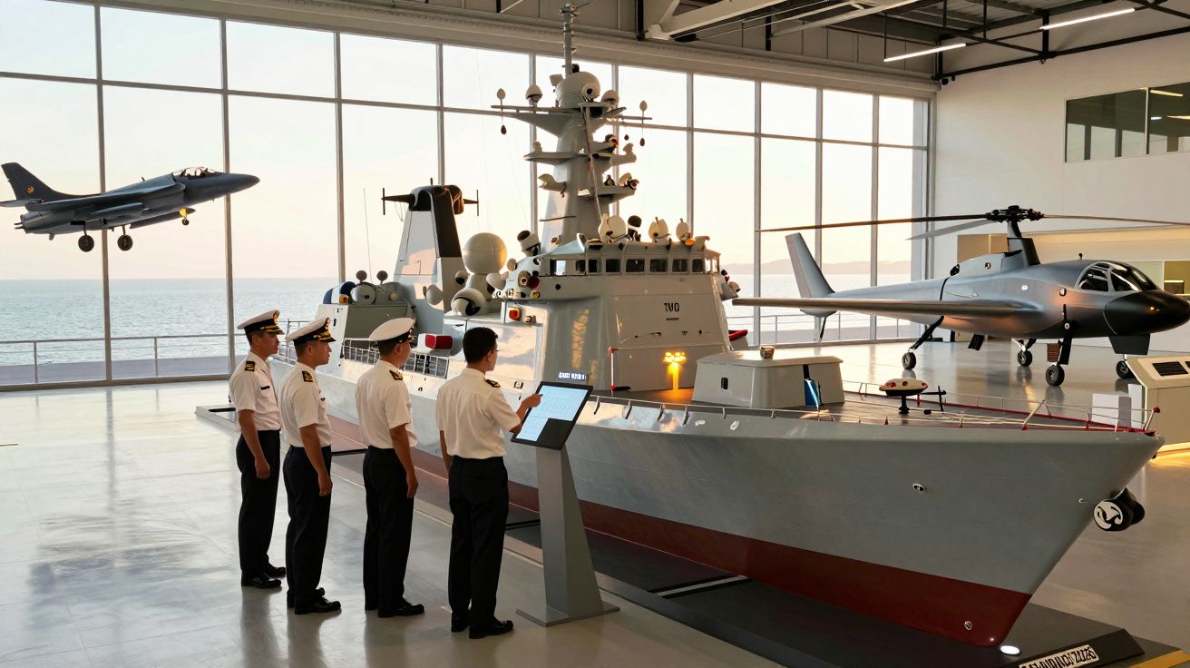Oficiais observam modelos de navio e aviões em exposição com vista para o mar.
