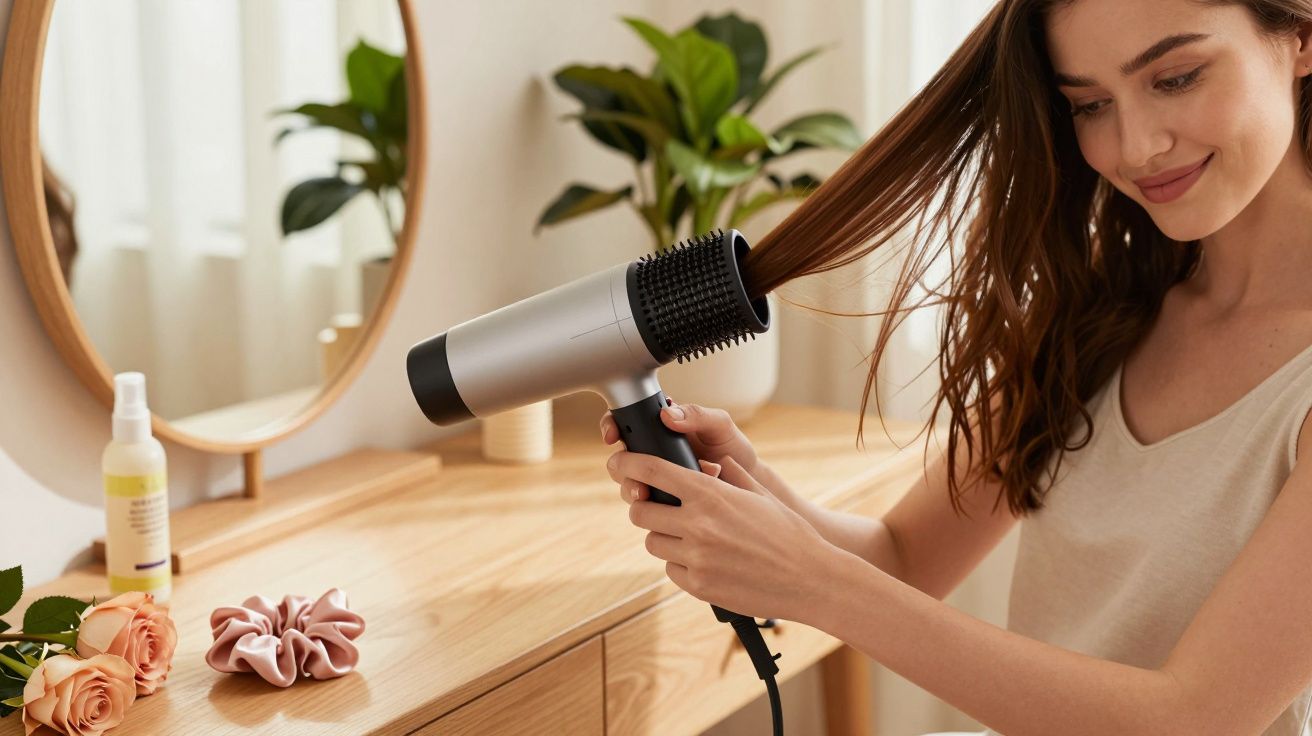 Mulher a secar o cabelo com um secador numa mesa com espelho, plantas e produtos de beleza.