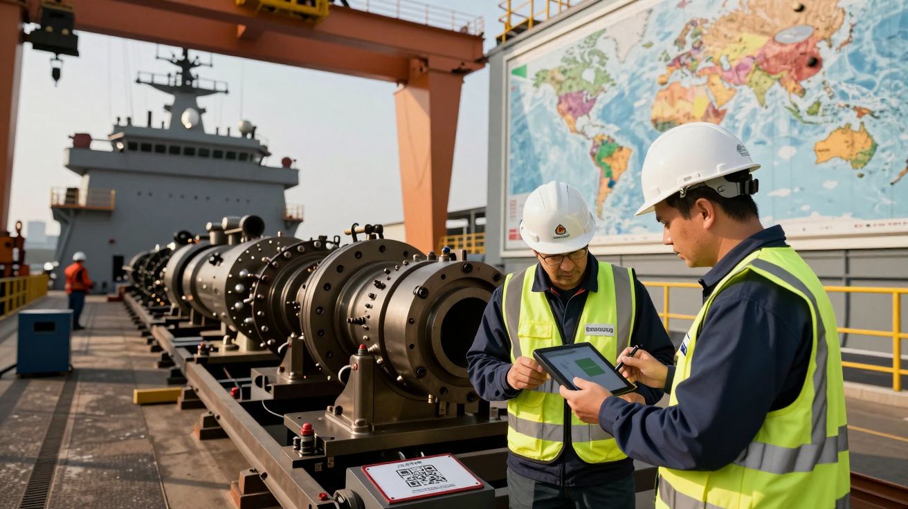Dois engenheiros de capacete inspecionam equipamento industrial num estaleiro, com um mapa-mundo ao fundo.