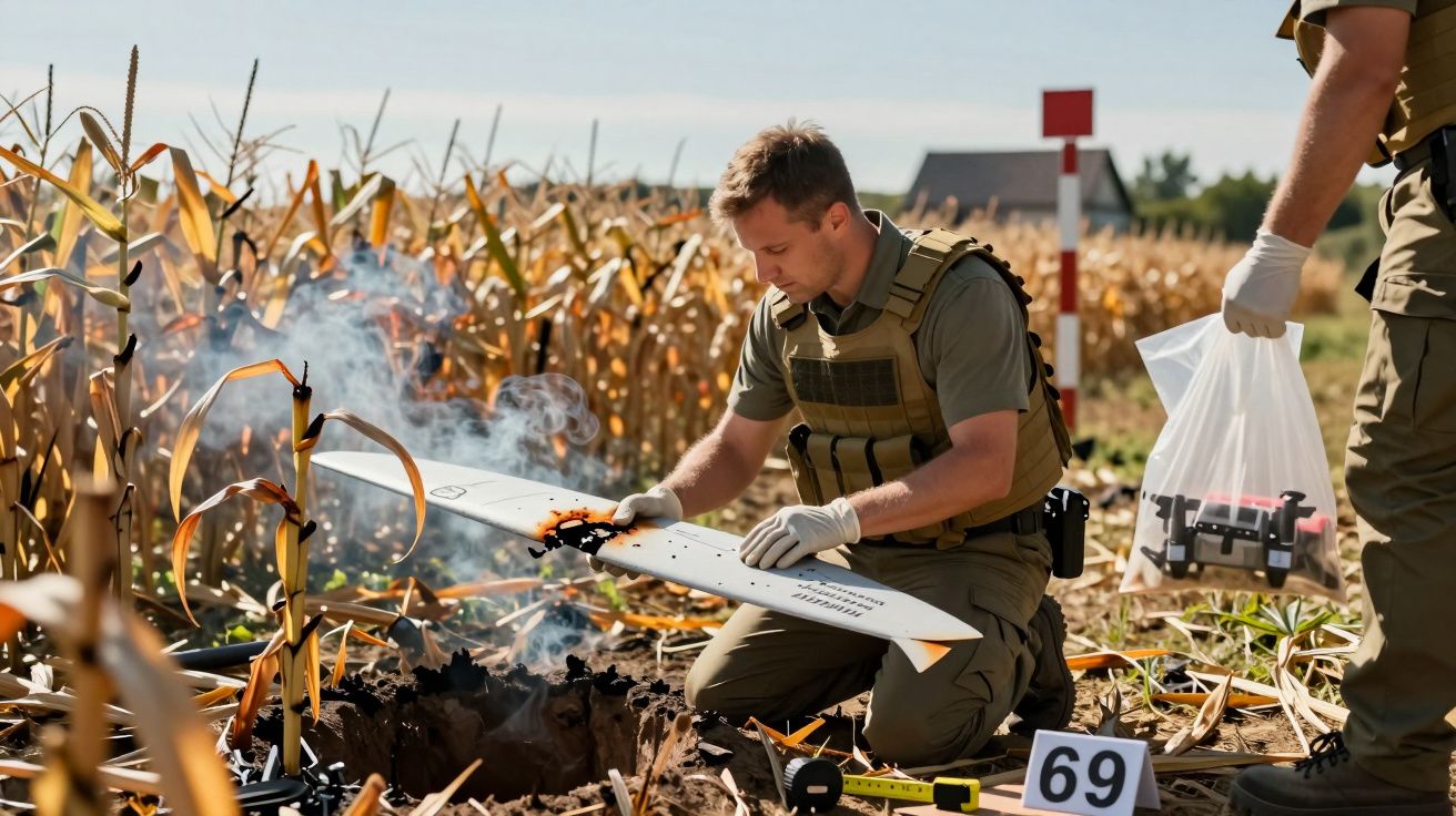 Homem em uniforme examina um drone danificado num campo de milho, enquanto outro segura um saco de plástico.