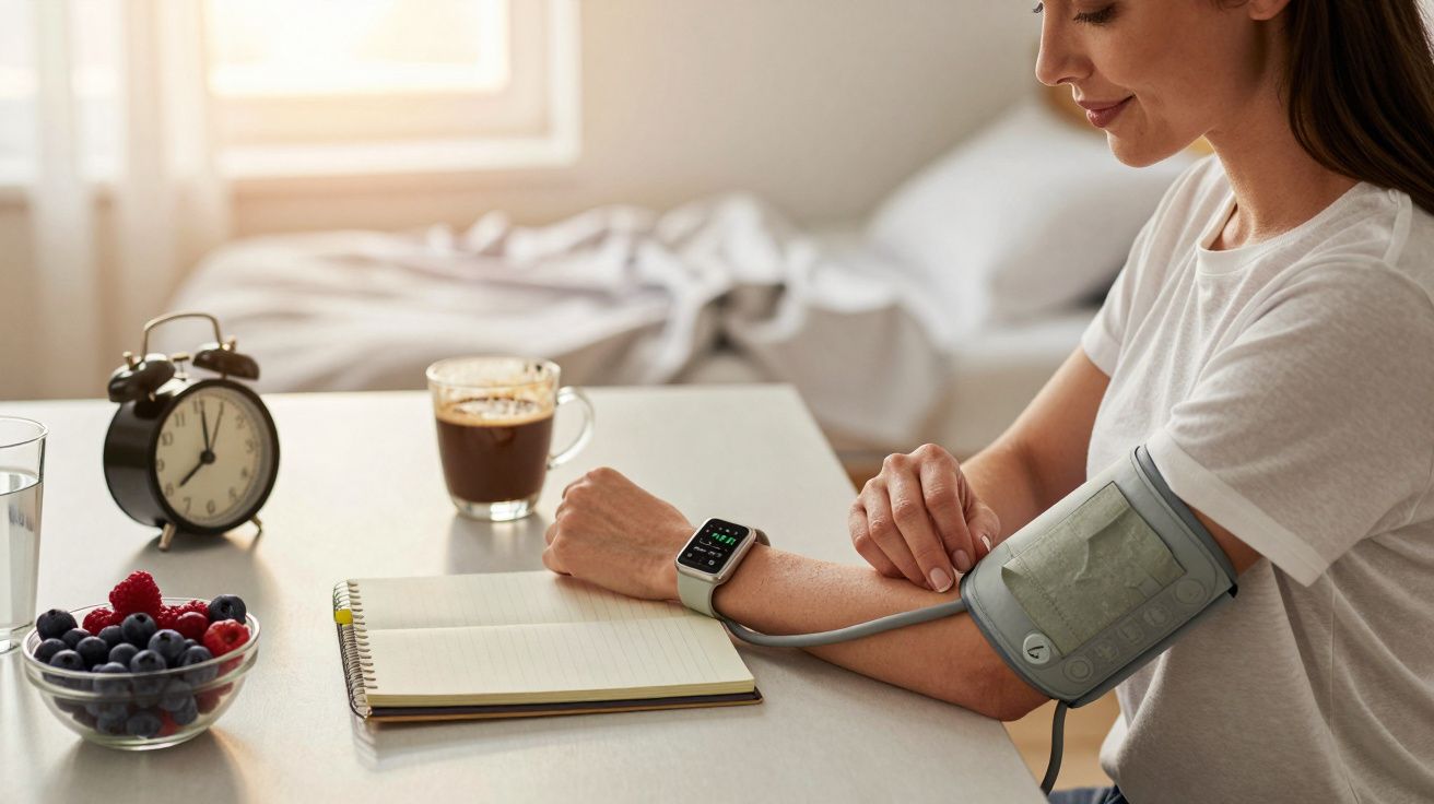 Mulher mede a pressão arterial com dispositivo, sentada à mesa com notas, café, e tigela de frutos vermelhos.