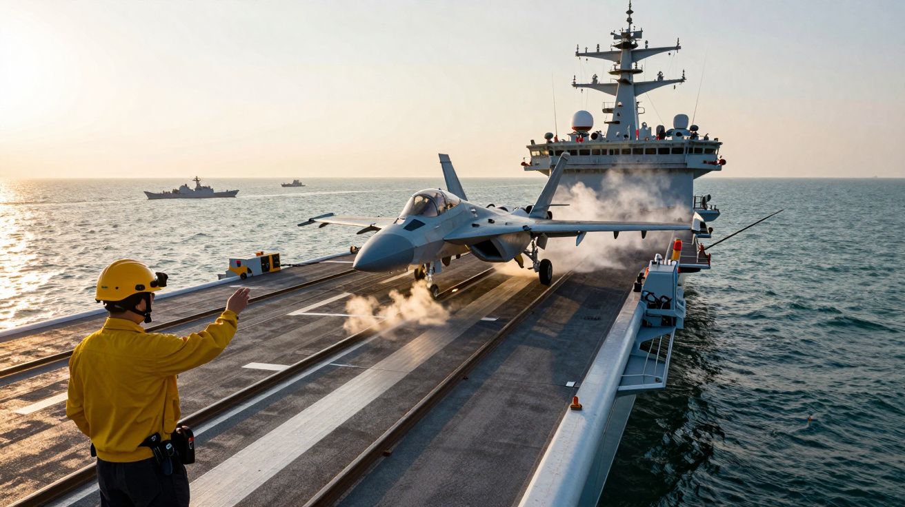 Avião de combate descola de porta-aviões no mar, operador orienta e navios são visíveis ao fundo.