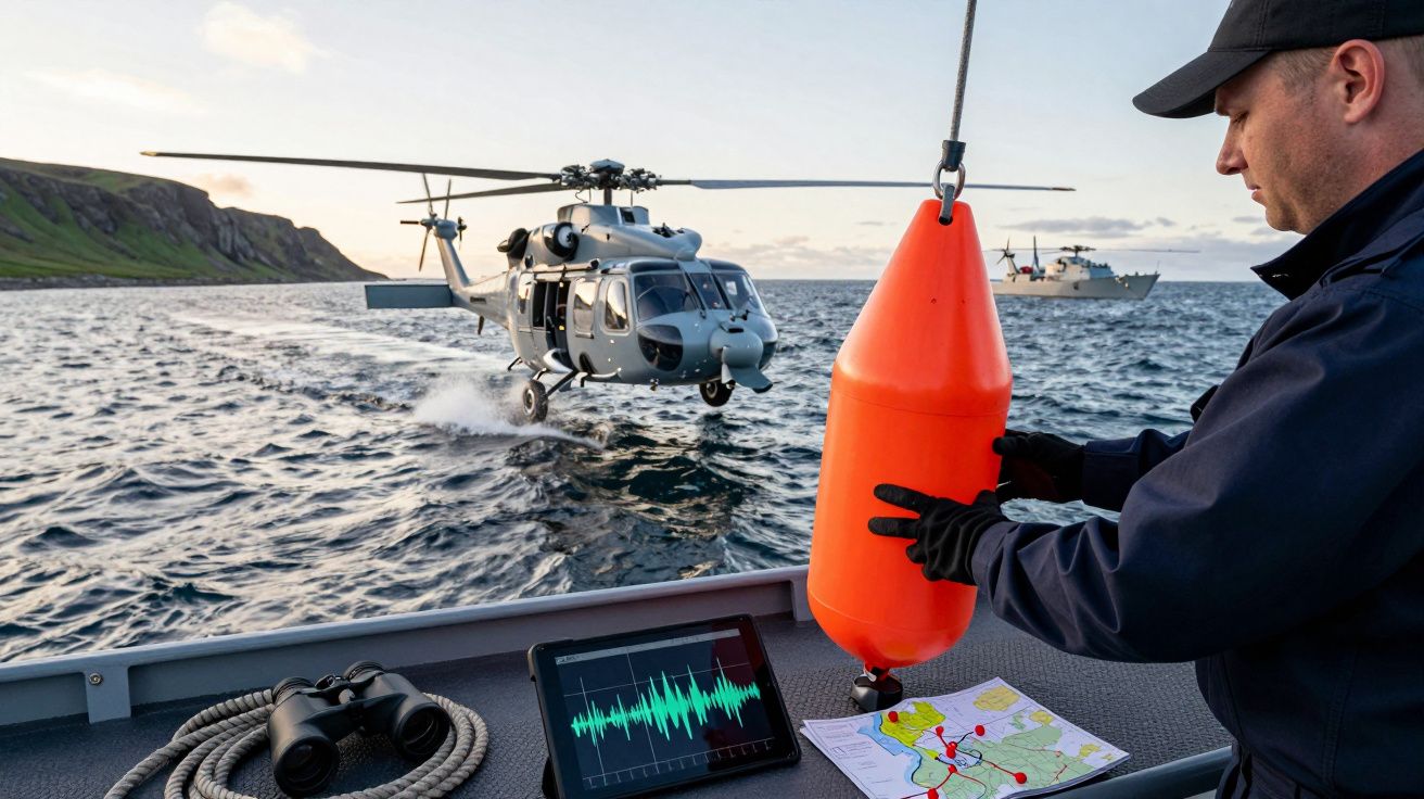 Homem em barco opera equipamento enquanto helicóptero militar sobrevoa o mar, com colina ao fundo.