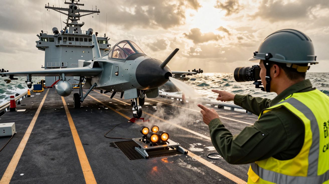 Homem com colete e capacete fotografa avião num porta-aviões ao pôr do sol, com nuvens no horizonte.