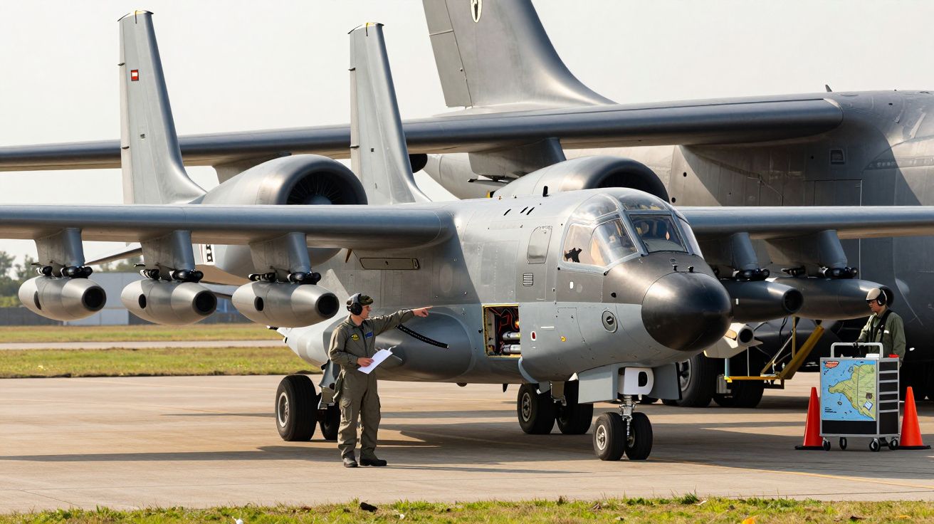 Avião militar cinzento estacionado numa pista, com uma pessoa em uniforme a fazer inspeção e outra junto a um carrinho de equ