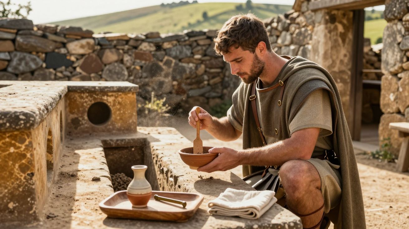 Homem vestido em traje antigo, ajoelhado, prepara comida numa cozinha de pedra ao ar livre, campo ao fundo.