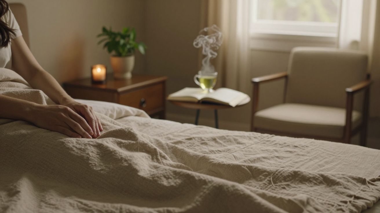 Quarto acolhedor com cama, vela acesa sobre a mesa, planta, bebida fumegante e livro aberto, cadeira ao fundo.