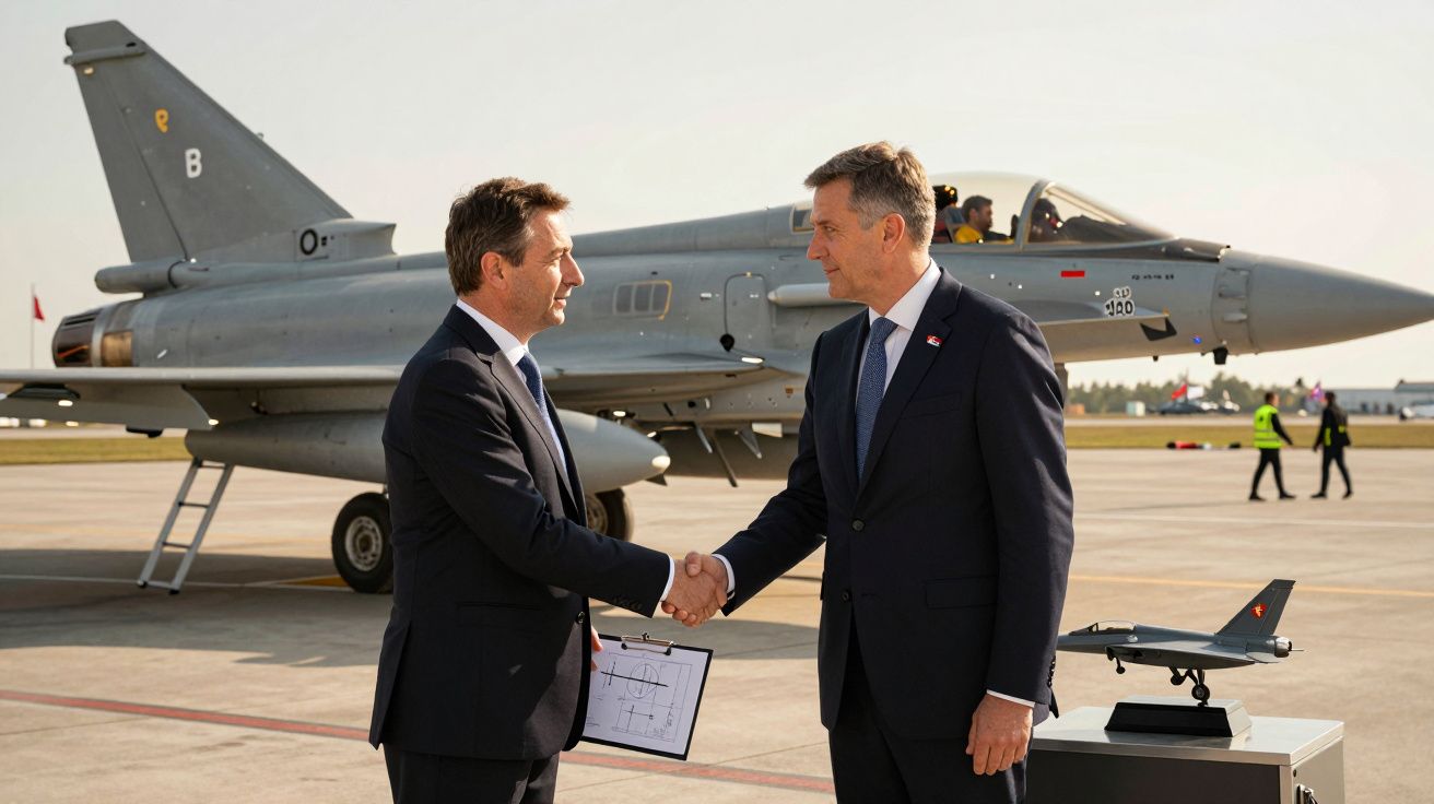 Dois homens de fato apertam as mãos em frente a um jato militar em uma pista de aeroporto, com maquete de avião ao lado.