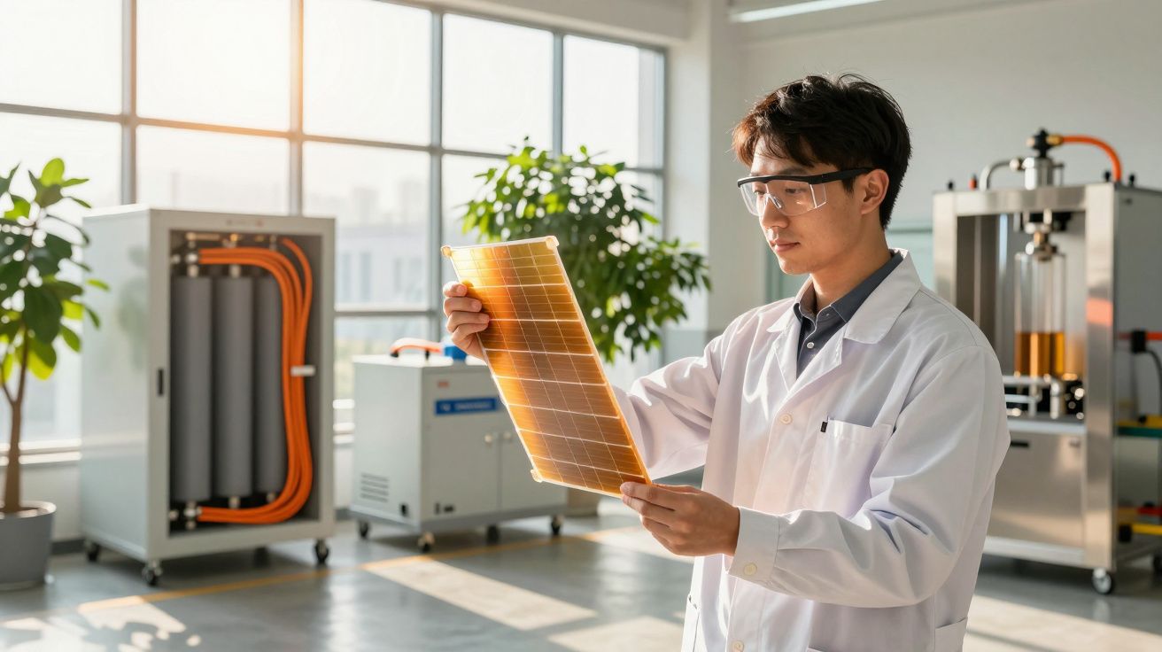 Cientista em laboratório examina painel solar flexível, usando bata branca e óculos de proteção, com equipamentos ao fundo.