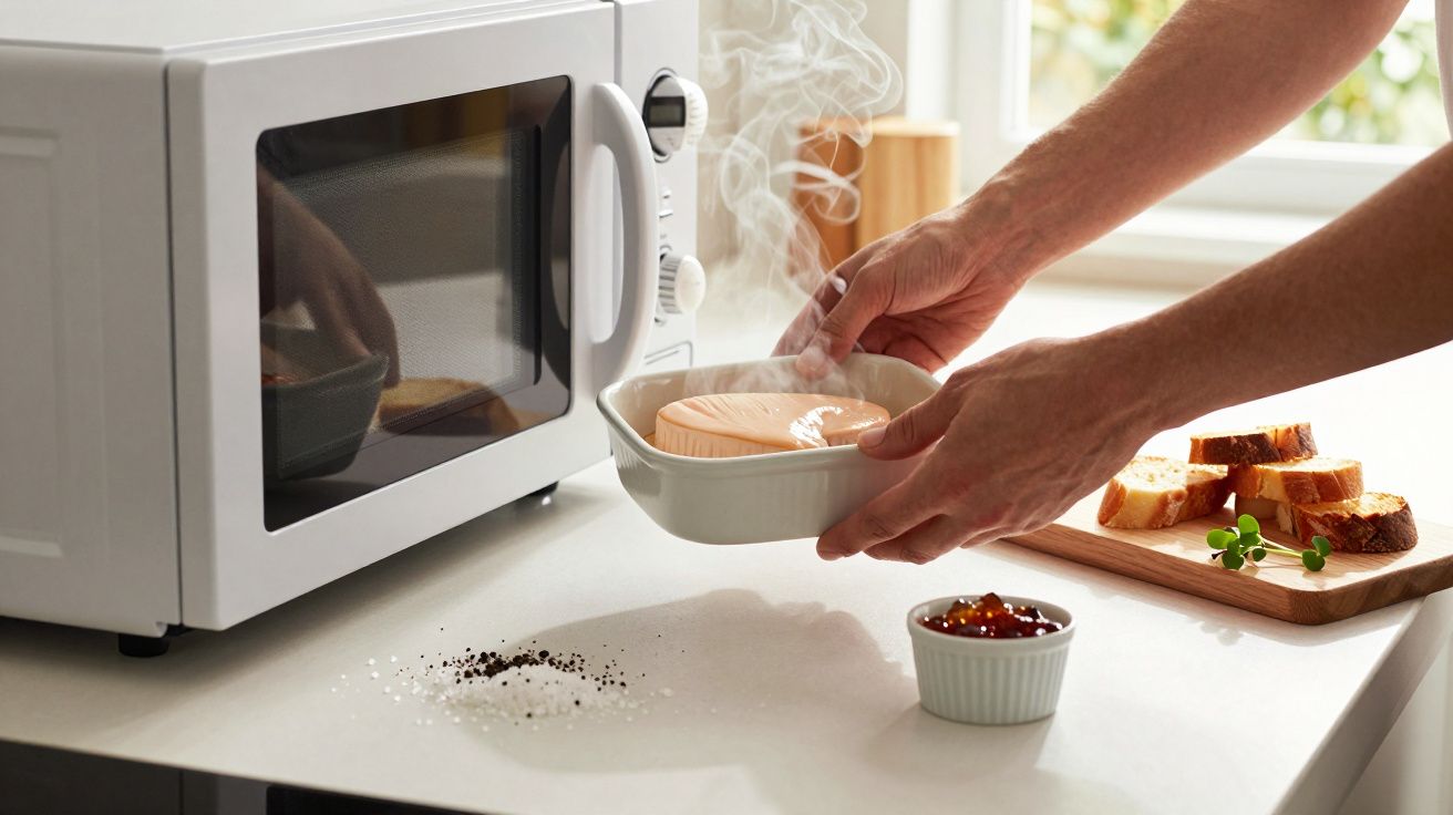 Pessoa retira comida quente do micro-ondas, com pão e condimentos ao lado.