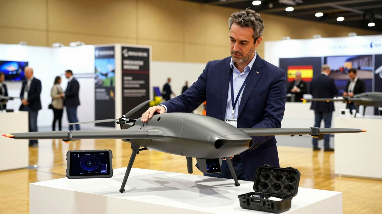 Homem de fato observa um drone cinzento em exposição num evento, com um tablet e estojo ao lado.