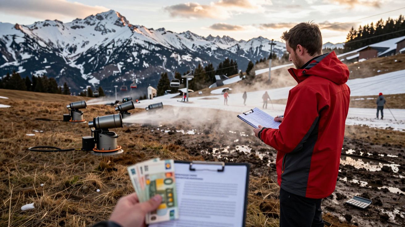 Homem de casaco vermelho avalia máquinas de neve artificial numa paisagem montanhosa com outras pessoas ao fundo.