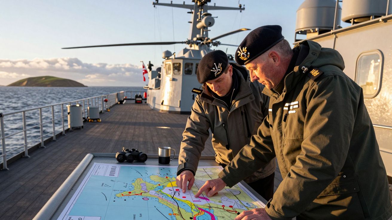 Dois oficiais de uniforme analisam um mapa marítimo no convés de um navio de guerra ao pôr do sol.