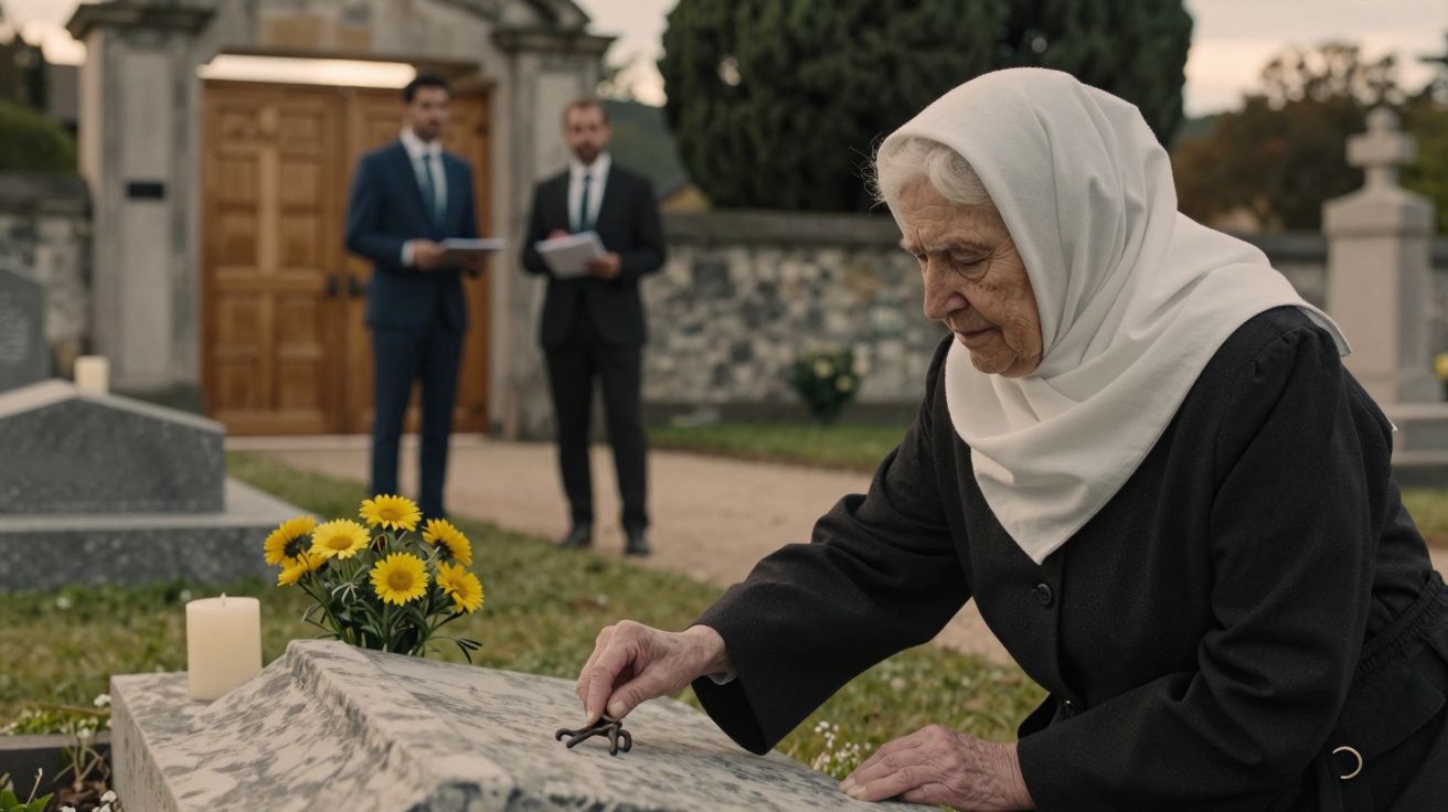 Idosa de luto coloca flores num túmulo, com duas pessoas ao fundo num cemitério.