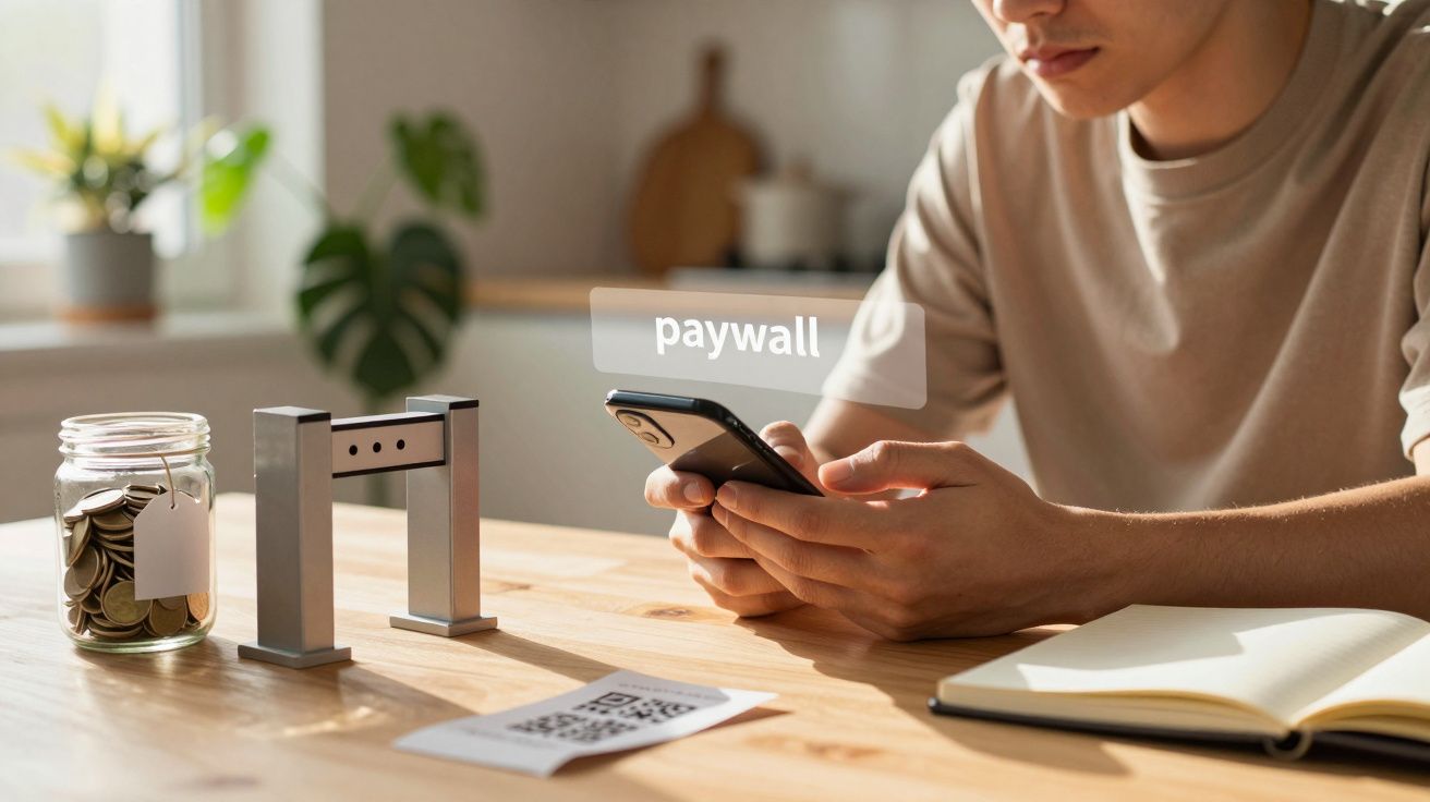 Pessoa a segurar um smartphone ao lado de um torniquete e um frasco de moedas, com código QR e a palavra "paywall".