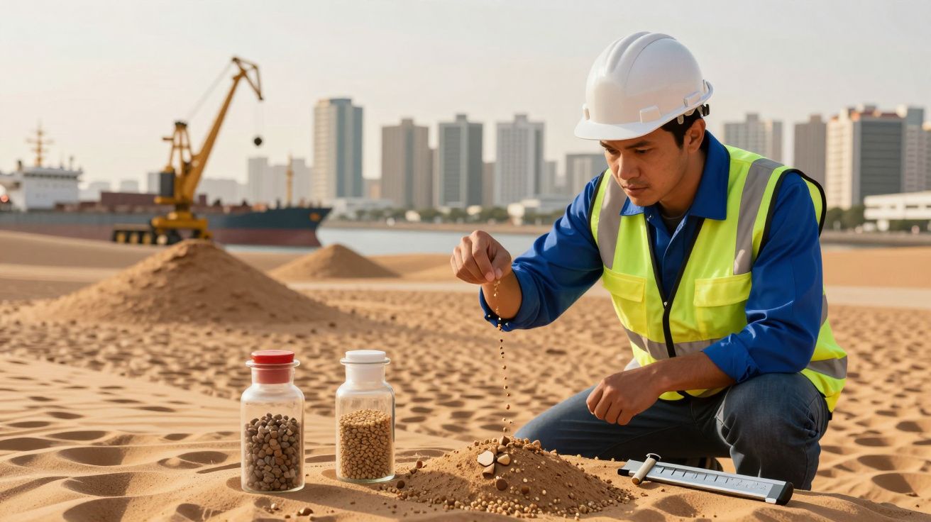 Homem com capacete e colete estuda areia num local de construção, com frascos e prédios ao fundo.