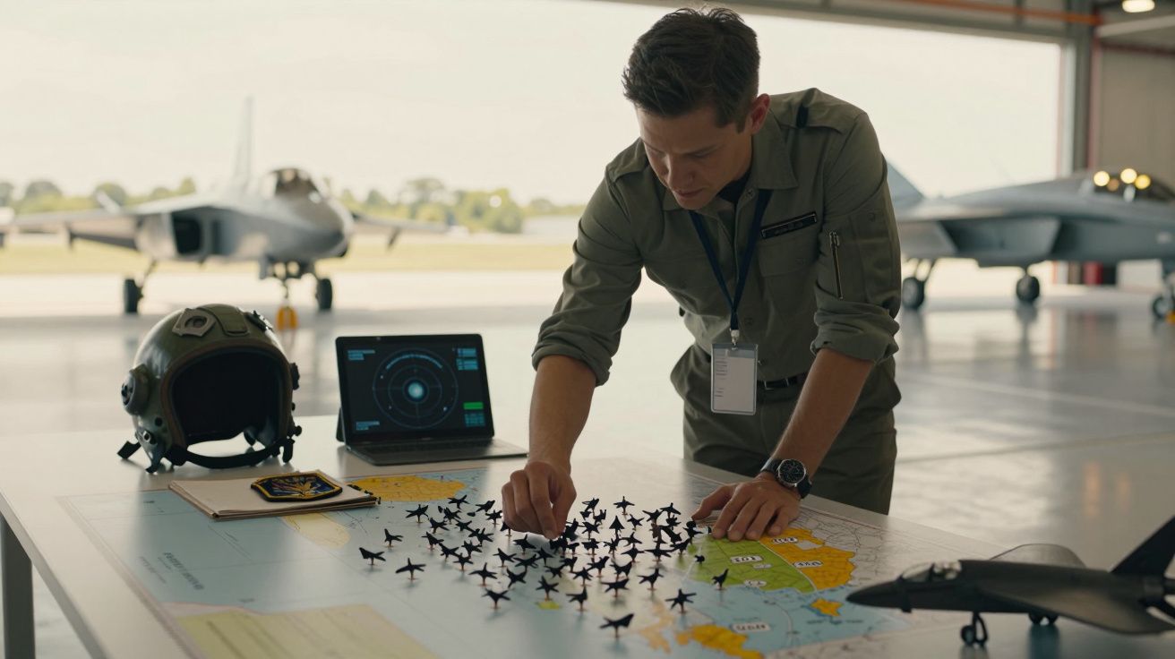 Piloto organiza miniaturas de aviões num mapa, com aeronaves ao fundo.