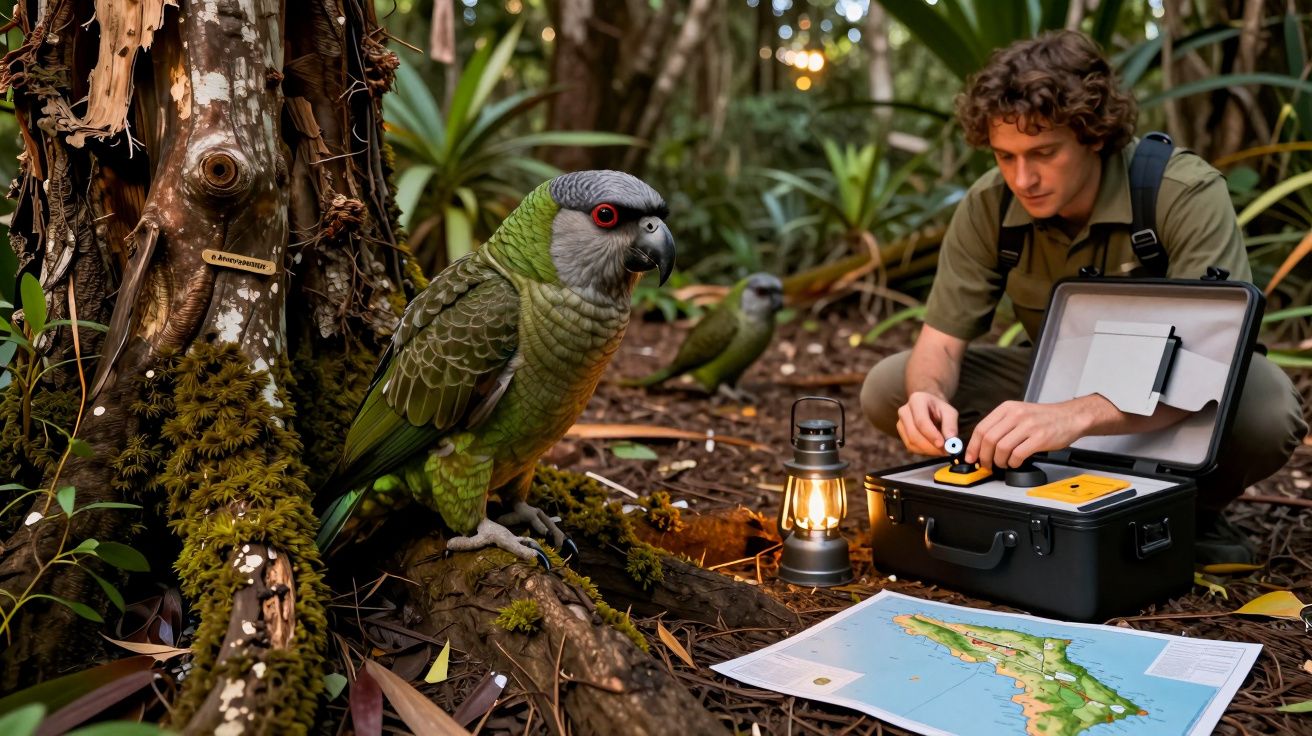Explorador numa floresta com arara verde ao lado, caixa com equipamento, lanterna e mapa no chão.