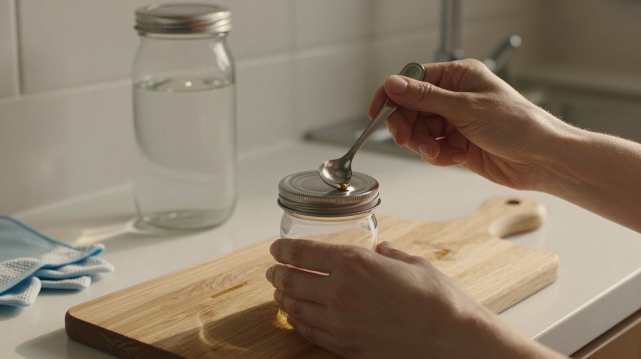 Mãos segurando colher e jarro sobre tábua de cortar na cozinha, com frasco de água ao fundo.