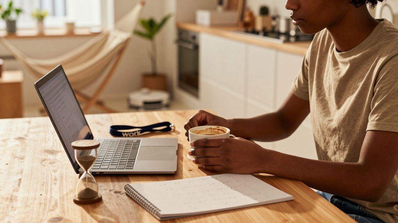 Pessoa sentada à mesa, com portátil, a segurar uma chávena de café. Bloco de notas e ampulheta ao lado.