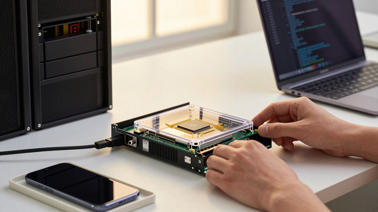 Pessoa a manusear um dispositivo eletrónico em mesa com computador portátil e smartphone.