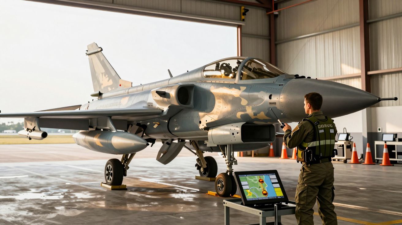Avião de caça cinzento em hangar com piloto e consola de controlo ao lado.