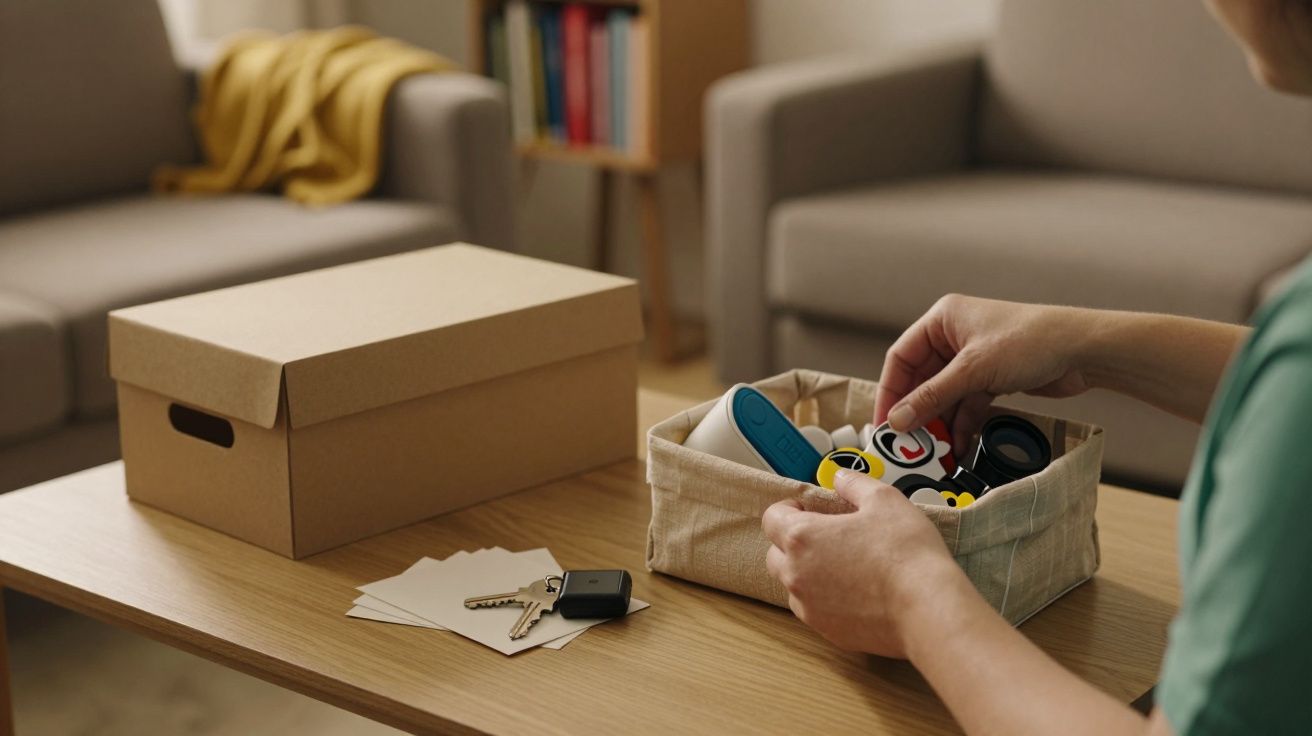 Pessoa organiza itens numa caixa em mesa de sala, com caixa de cartão, chaves, papéis e sofás ao fundo.