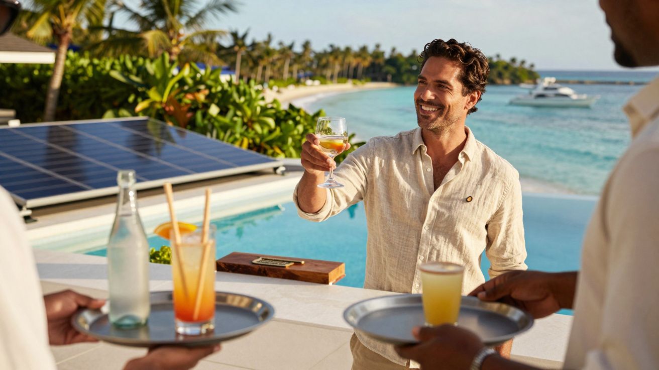 Homem sorridente brinda à beira da piscina, rodeado por palmeiras e vista para o mar.