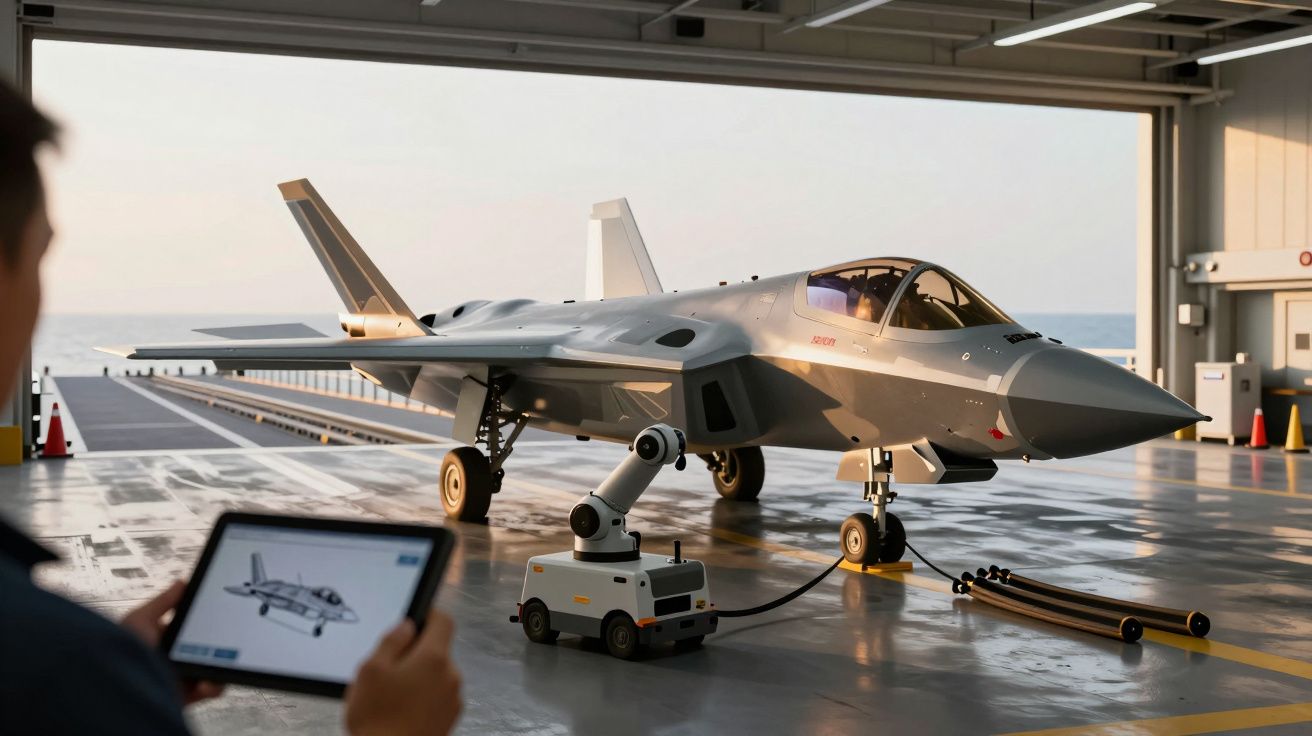 Avião a jato moderno numa hangar, com homem usando tablet no primeiro plano.