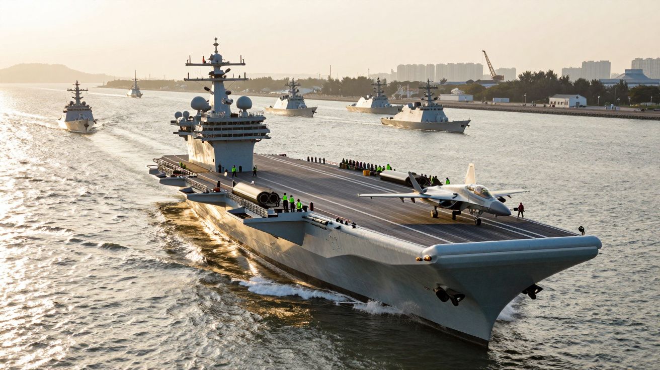 Porta-aviões em movimento com um avião no convés, acompanhado por vários navios de guerra no mar.