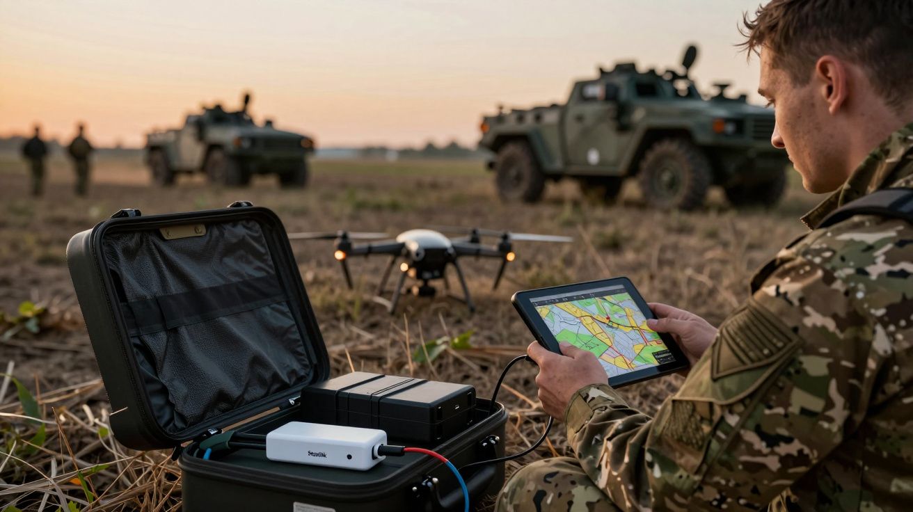 Soldado com tablet monitoriza drone em campo, com veículos militares e soldados ao fundo.