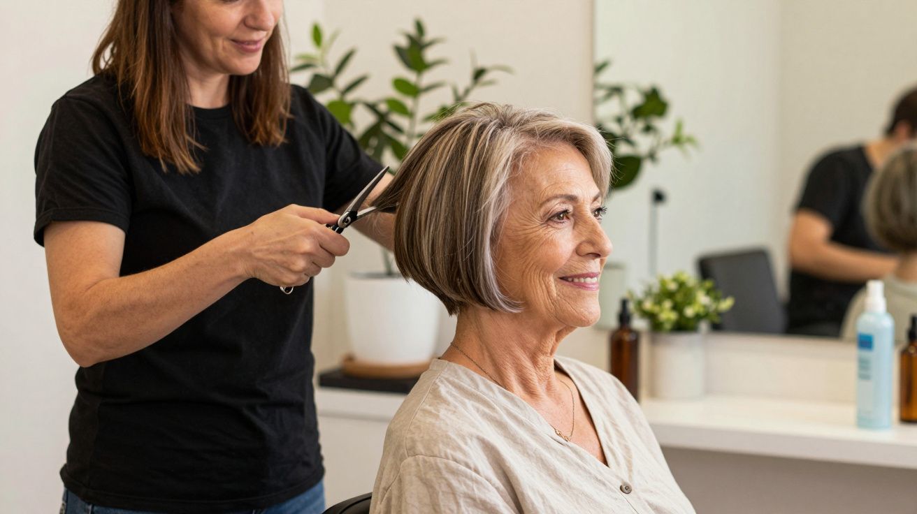 Mulher idosa sorridente, de cabelo curto, recebe corte de cabelo por cabeleireira num salão moderno.