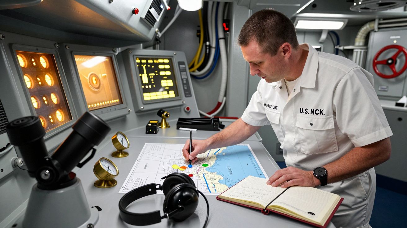 Homem em uniforme naval desenha coordenadas num mapa numa sala de controle com instrumentos e ecrãs.