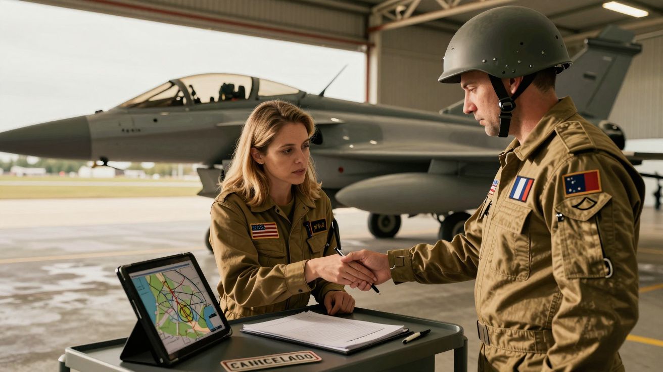 Dois militares apertam as mãos junto a um avião de caça num hangar, com um tablet e documentos sobre a mesa.