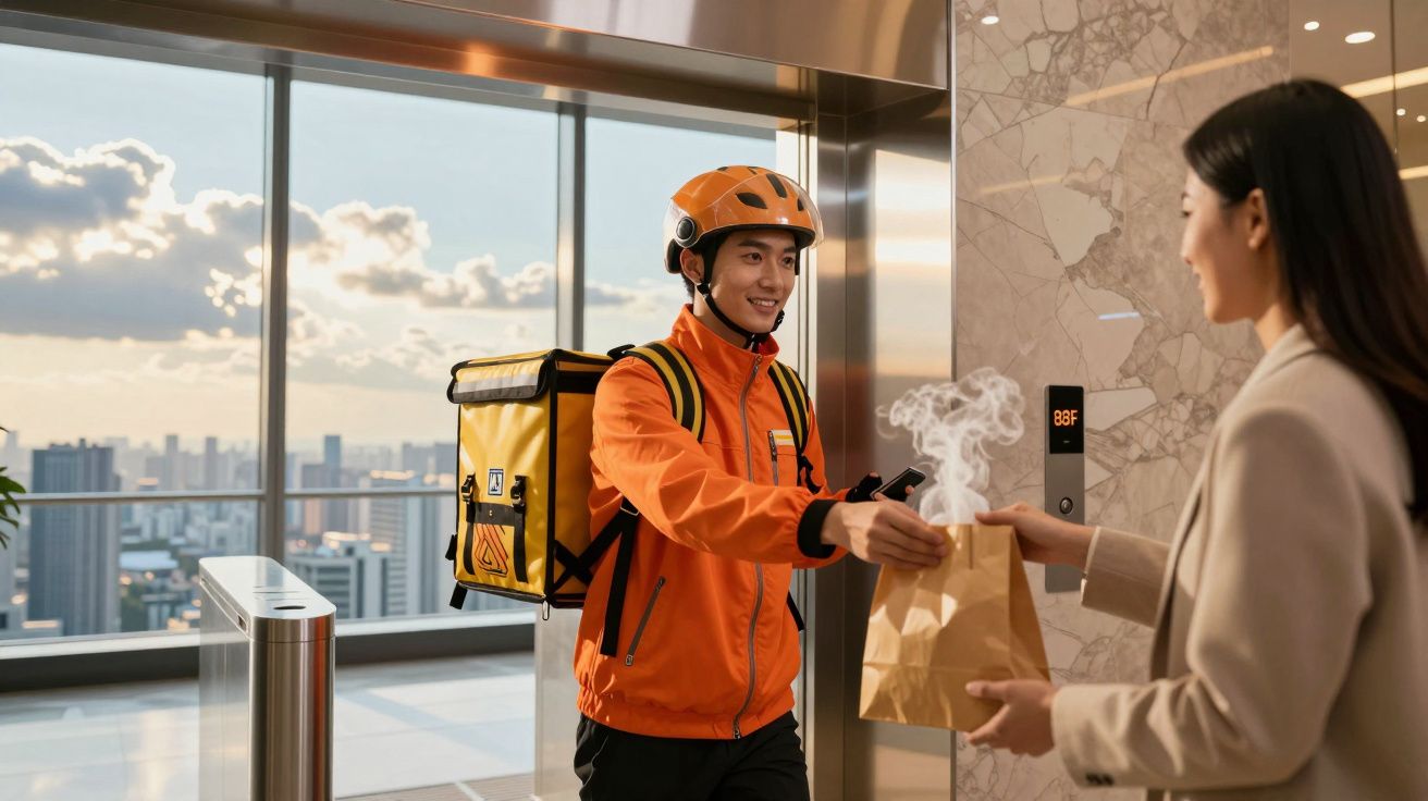 Entregador de comida com capacete laranja entrega saco a mulher num lobby de elevador com vista para a cidade.