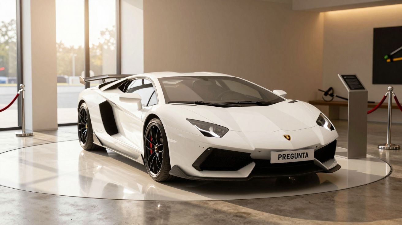 Carro desportivo branco em exposição numa sala iluminada, com cordões de segurança vermelhos ao fundo.