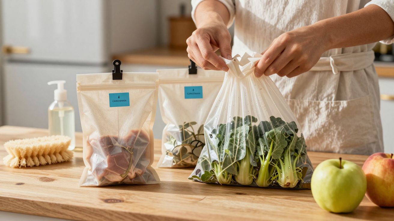 Pessoa a embalar vegetais em sacos reutilizáveis na cozinha, com alimentos e utensílios em fundo desfocado.
