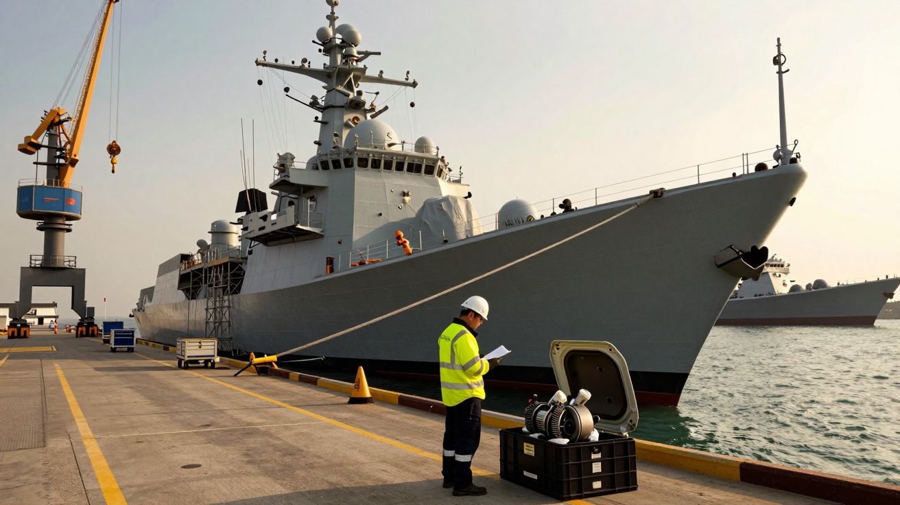 Homem com colete e capacete inspeciona equipamento na doca ao lado de um navio militar atracado.