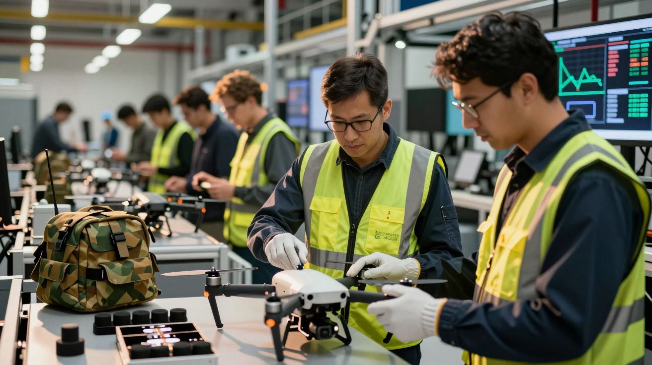 Trabalhadores com coletes refletores montam drones numa linha de produção em ambiente industrial.