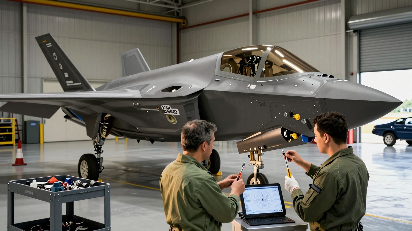 Técnicos em hangar de manutenção trabalhando num caça moderno com equipamento e computador portátil.