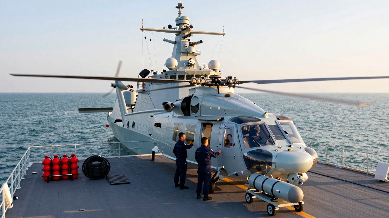 Helicóptero militar cinza em porta-aviões, com dois tripulantes em conversação, sobre um mar tranquilo ao amanhecer.